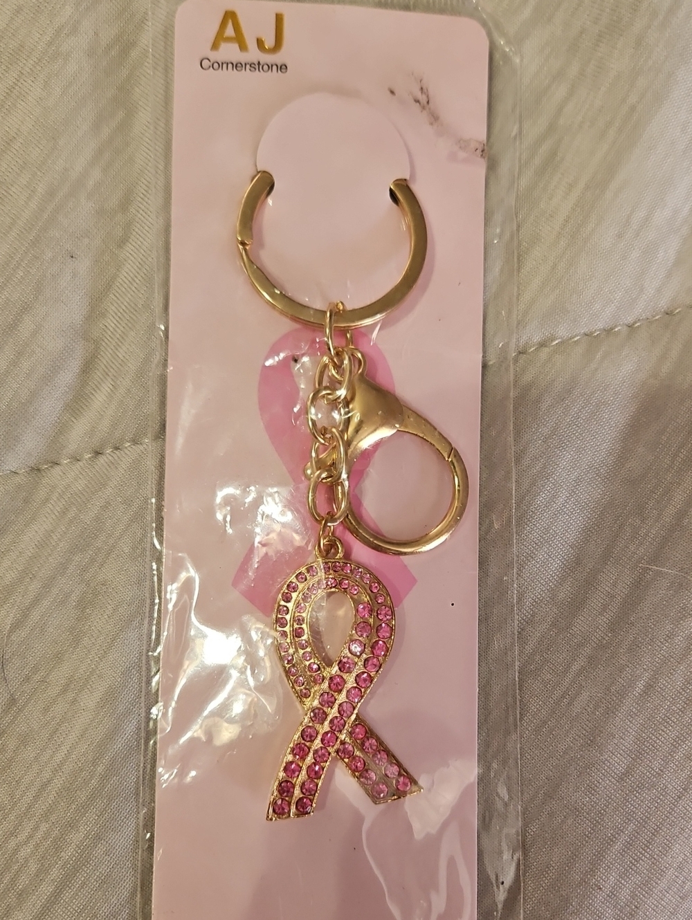 Gold & Pink Ribbon Crystal Keychain Or Bag Charm